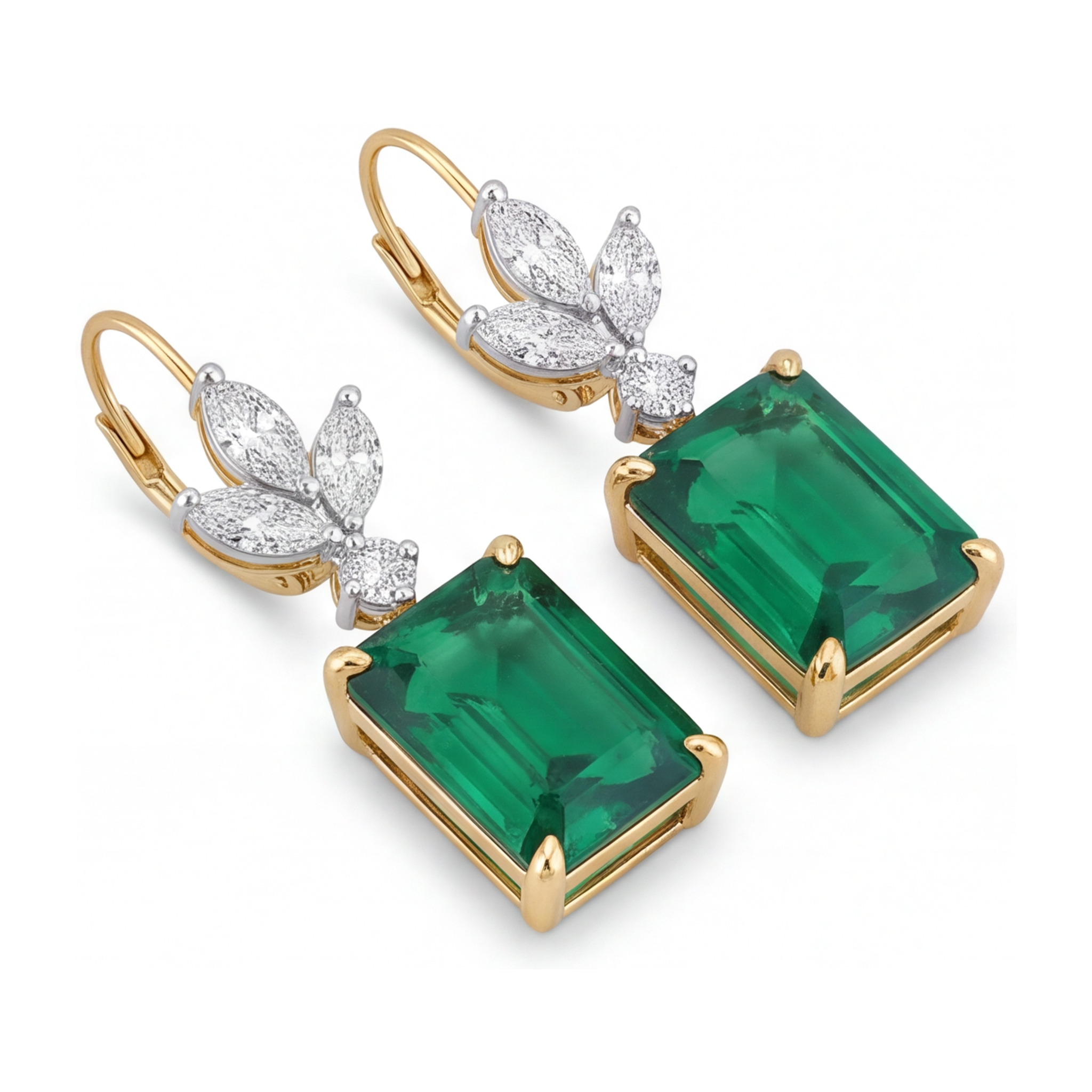 Green Emerald Earrings 4 Carat Lab Grown Emerald Cut Marquise Leaves Leverback 14K Yellow Gold