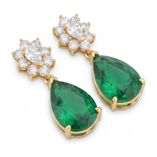 Green Emerald Earrings 5.5 Carat Lab Grown Pear Cluster Leverback 14K Yellow Gold