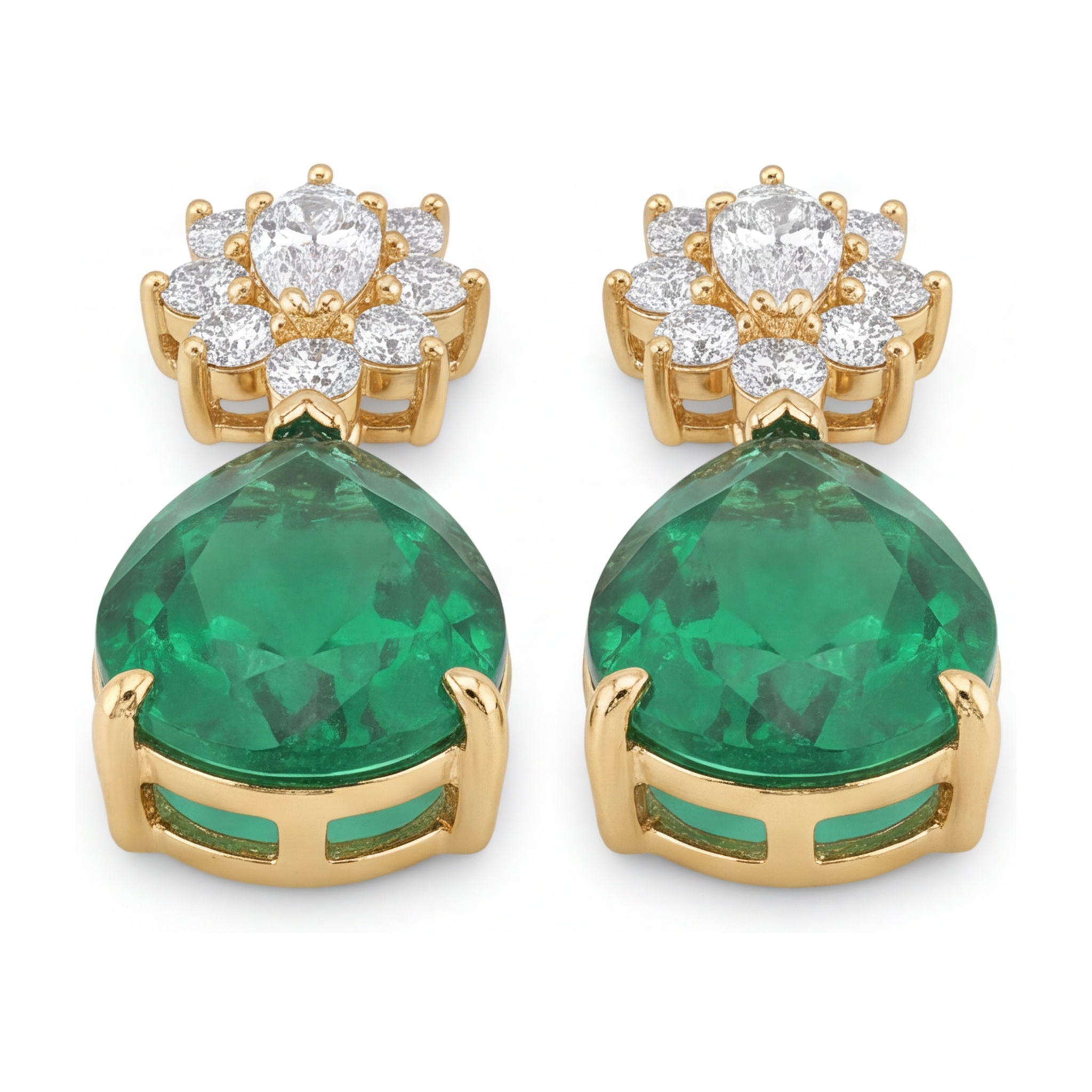 Green Emerald Earrings 5.5 Carat Lab Grown Pear Cluster Leverback 14K Yellow Gold