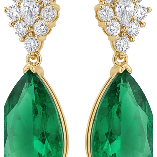 Green Emerald Earrings 5 Carat Lab Grown Pear Marquise Cluster Leverback 14K Yellow Gold