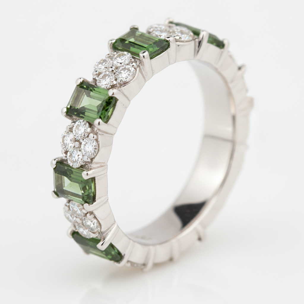 Green Stone Engagement Ring Natural Tourmaline Zigzag Band 18K White Gold