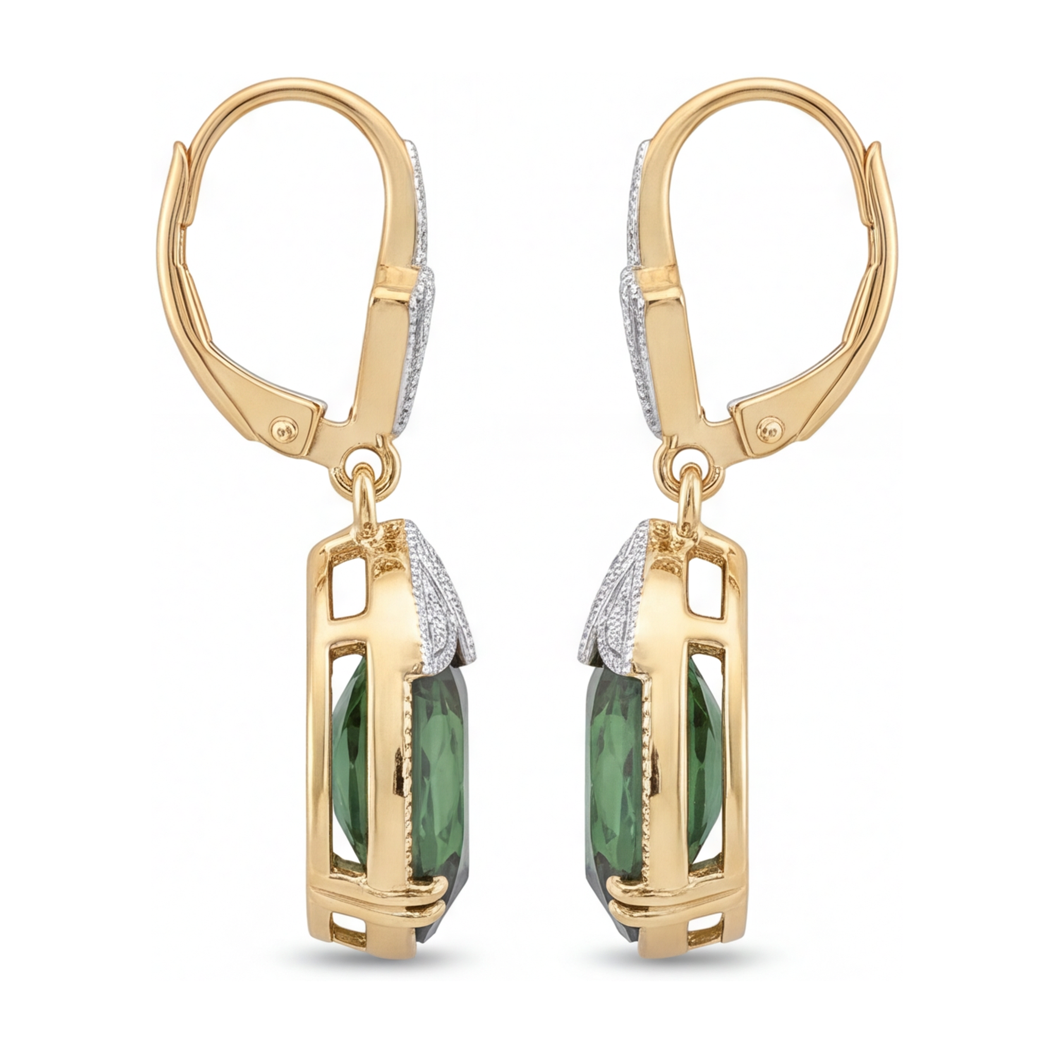 Green Tourmaline Earrings 5 Carat Lab Grown Oval Milgrain Leverback 14K Yellow Gold
