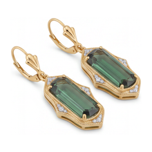 Green Tourmaline Earrings 5 Carat Lab Grown Elongated Emerald Cut Milgrain 14K Yellow Gold