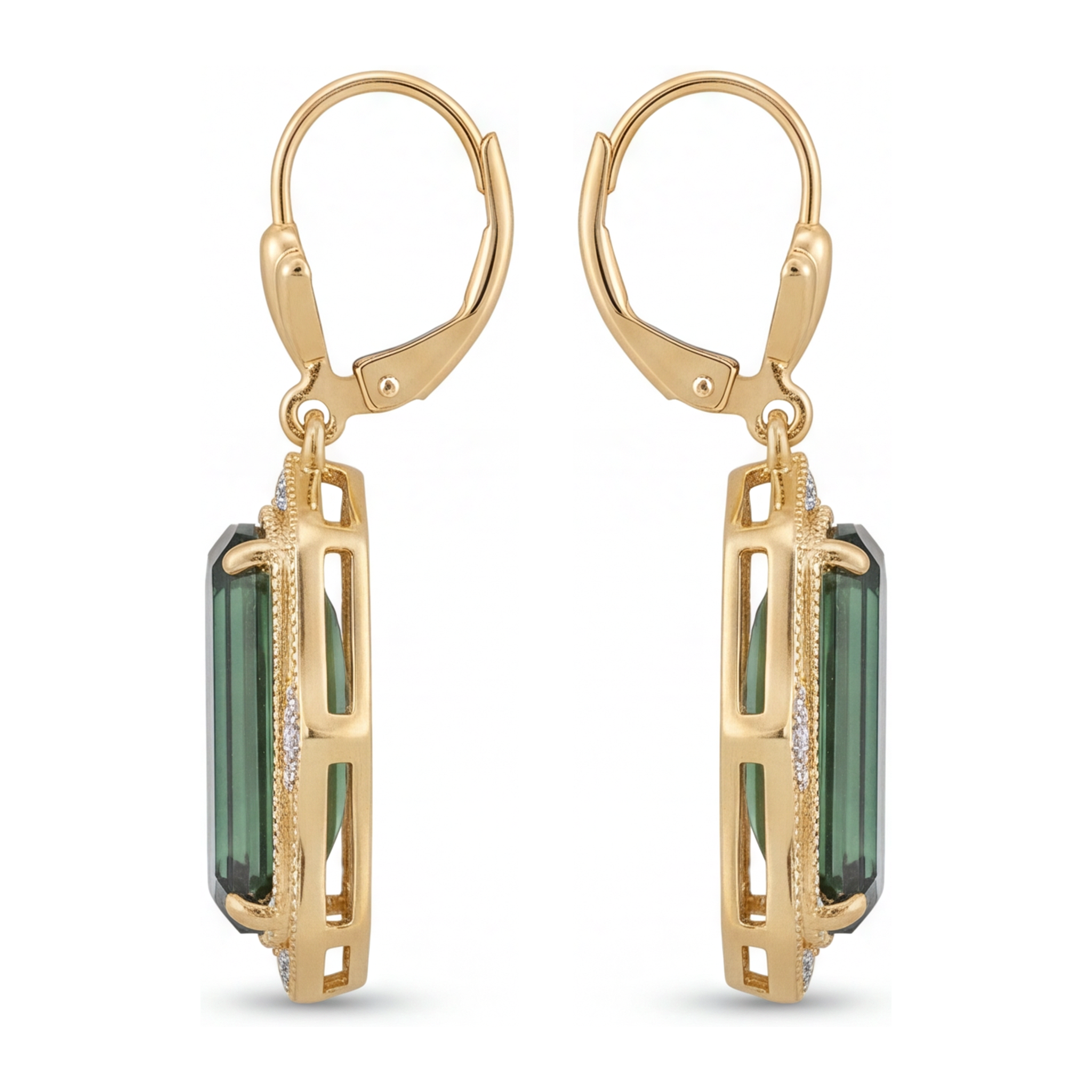 Green Tourmaline Earrings 5 Carat Lab Grown Elongated Emerald Cut Milgrain 14K Yellow Gold