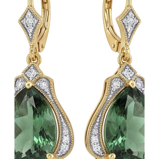 Green Tourmaline Earrings 5 Carat Lab Grown Pear Milgrain Leverback 14K Yellow Gold