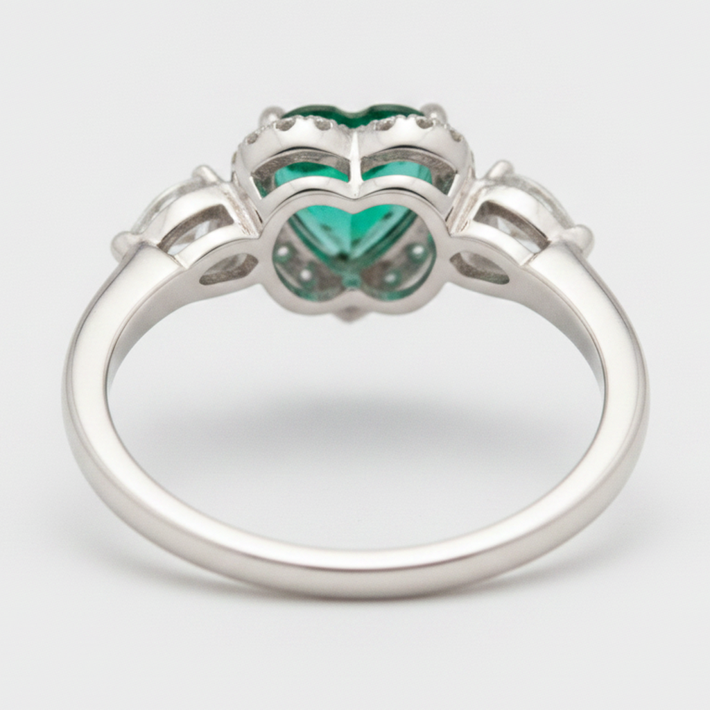 Emerald Ring 3.2 Carat Real Heart Green Halo Three Stone Platinum