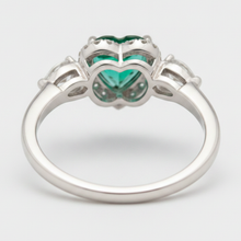 Emerald Ring 3.2 Carat Real Heart Green Halo Three Stone Platinum