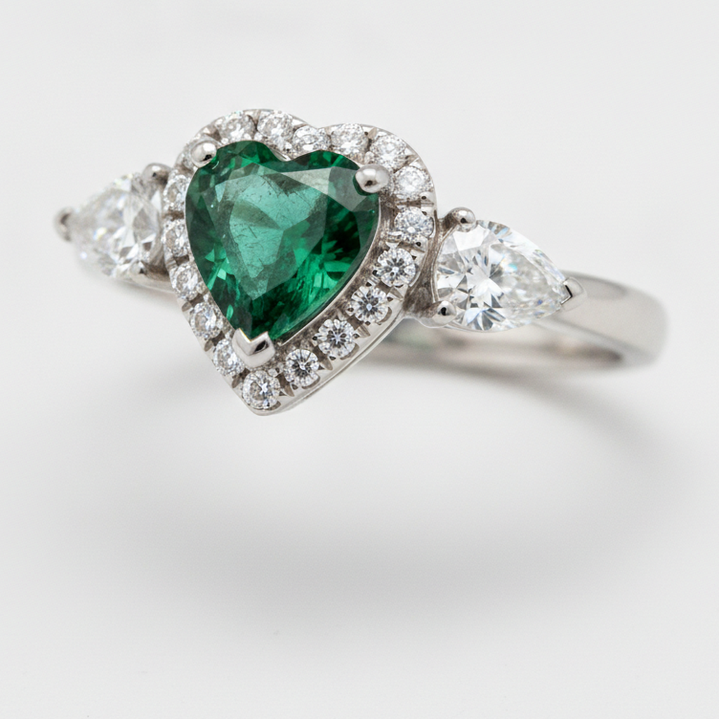 Emerald Ring 3.2 Carat Real Heart Green Halo Three Stone Platinum