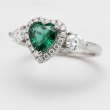 Emerald Ring 3.2 Carat Real Heart Green Halo Three Stone Platinum
