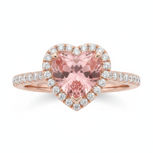 Padparadscha Sapphire Ring 3.8 Carat Lab Grown Heart Halo Split Shank 14K Rose Gold