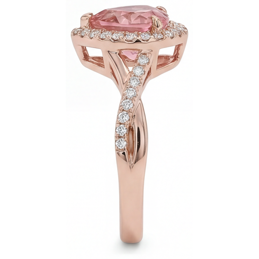 Padparadscha Sapphire Ring 3.8 Carat Lab Grown Heart Halo Twist 14K Rose Gold