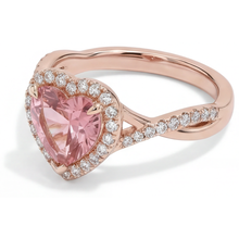 Padparadscha Sapphire Ring 3.8 Carat Lab Grown Heart Halo Twist 14K Rose Gold