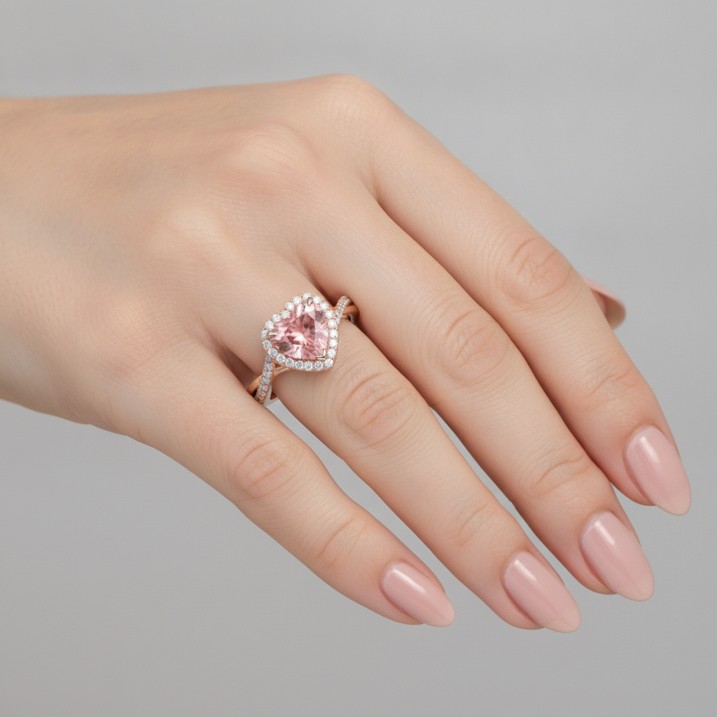 Padparadscha Sapphire Ring 3.8 Carat Lab Grown Heart Halo Twist 14K Rose Gold