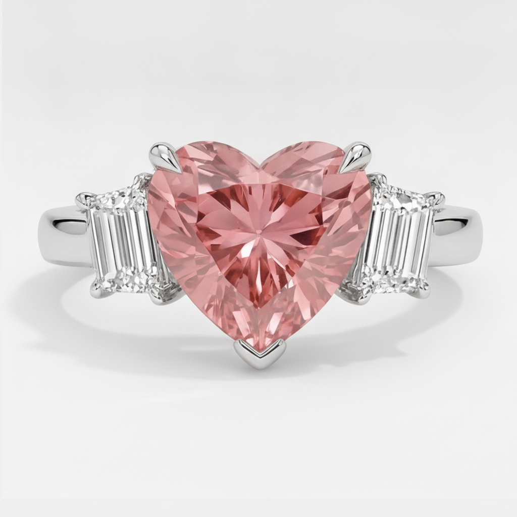 Padparadscha Sapphire Ring 3.6 Carat Natural Heart and White Baguette Three Stone Platinum