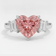 Padparadscha Sapphire Ring 3.6 Carat Natural Heart and White Baguette Three Stone Platinum