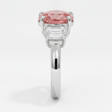 Padparadscha Sapphire Ring 3.6 Carat Natural Heart and White Baguette Three Stone Platinum