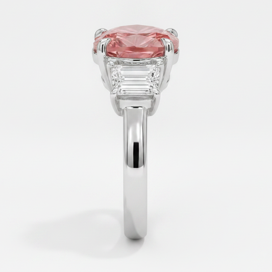Padparadscha Sapphire Ring 3.6 Carat Natural Heart and White Baguette Three Stone Platinum