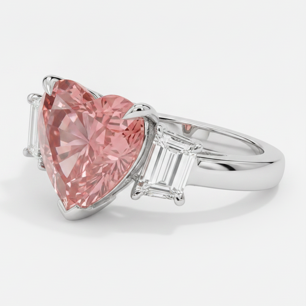 Padparadscha Sapphire Ring 3.6 Carat Natural Heart and White Baguette Three Stone Platinum