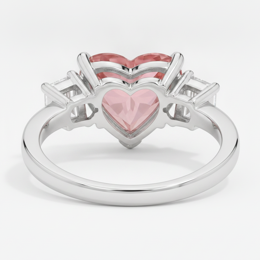 Padparadscha Sapphire Ring 3.6 Carat Natural Heart and White Baguette Three Stone Platinum
