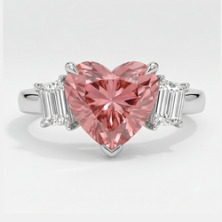 Padparadscha Sapphire Ring 3.6 Carat Natural Heart and White Baguette Three Stone Platinum