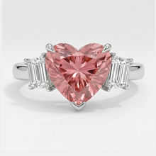 Padparadscha Sapphire Ring 3.6 Carat Natural Heart and White Baguette Three Stone Platinum