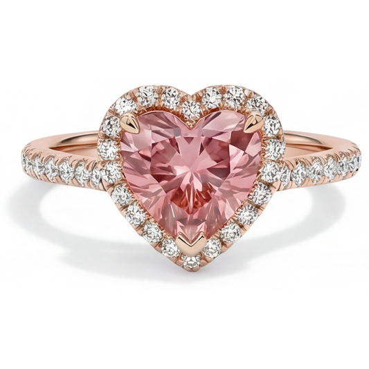 Padparadscha Sapphire Ring 2.3 Carat Real Heart Halo 14K Rose Gold