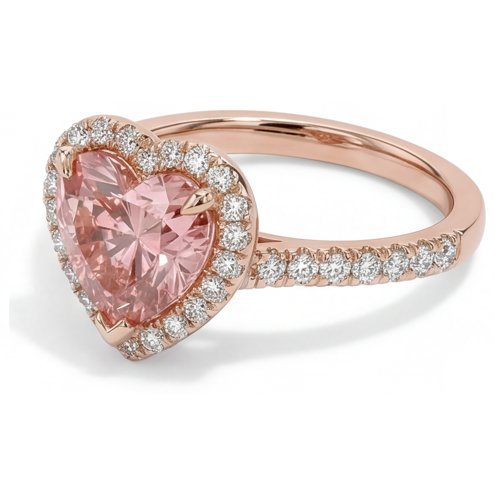 Padparadscha Sapphire Ring 2.3 Carat Real Heart Halo 14K Rose Gold