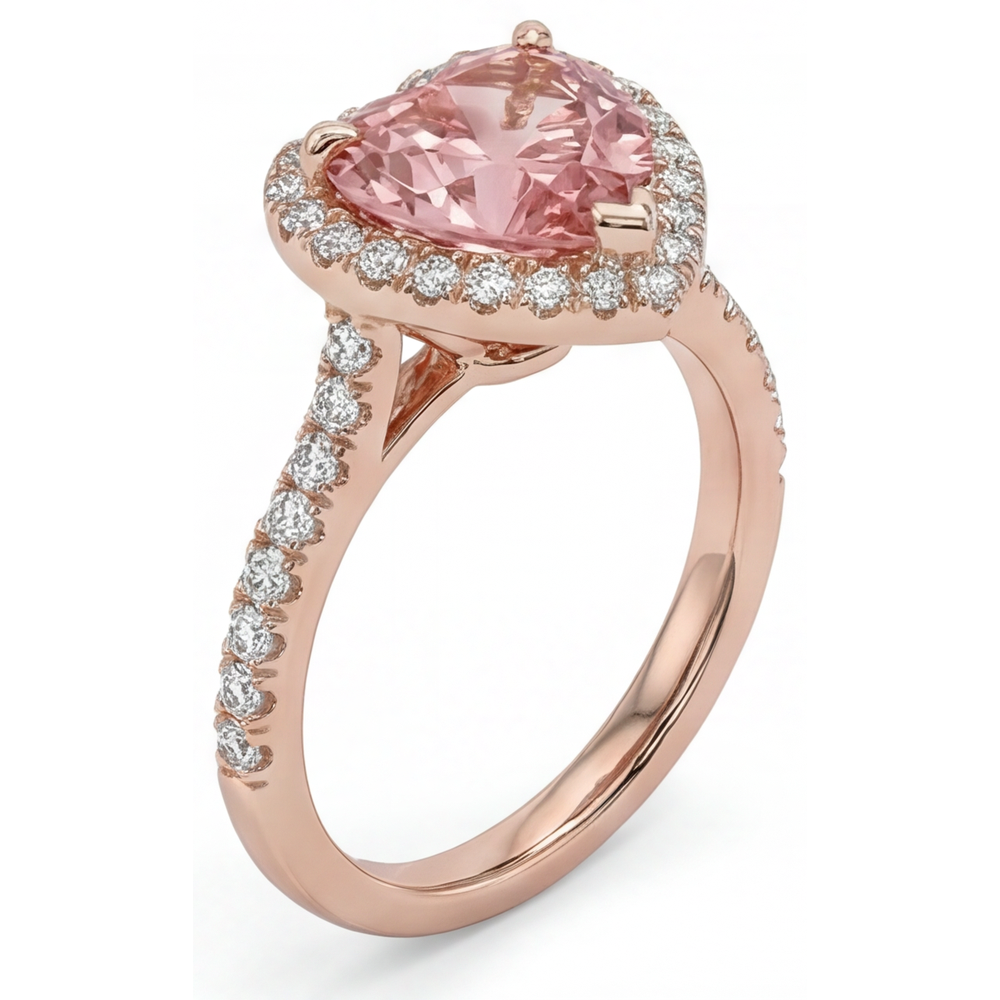 Padparadscha Sapphire Ring 2.3 Carat Real Heart Halo 14K Rose Gold