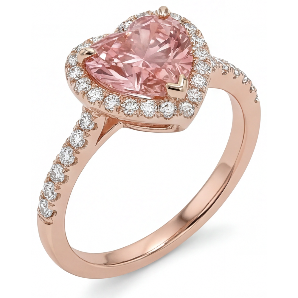 Padparadscha Sapphire Ring 2.3 Carat Real Heart Halo 14K Rose Gold