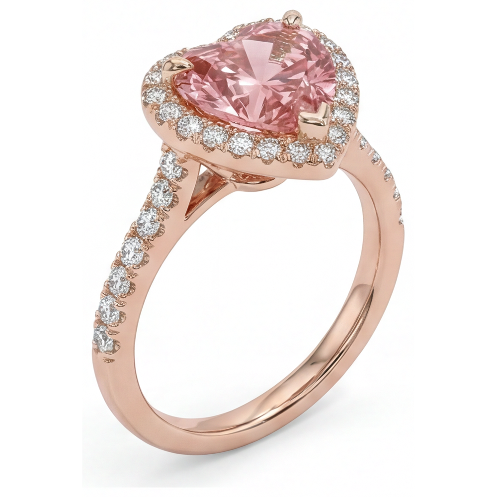 Padparadscha Sapphire Ring 2.3 Carat Real Heart Halo 14K Rose Gold