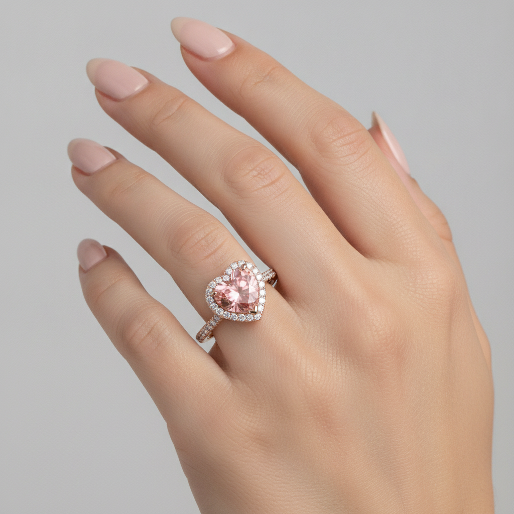 Padparadscha Sapphire Ring 2.3 Carat Real Heart Halo 14K Rose Gold