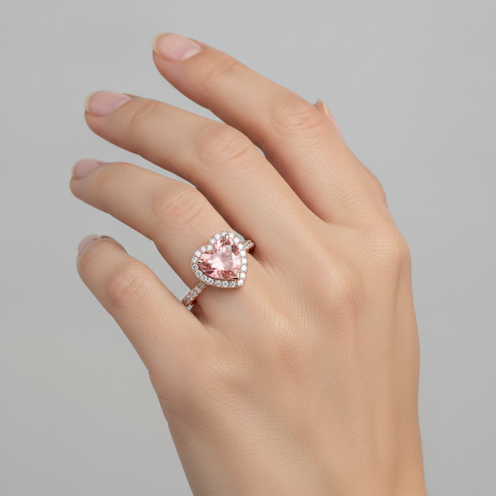 Padparadscha Sapphire Ring 2.3 Carat Real Heart Halo 14K Rose Gold
