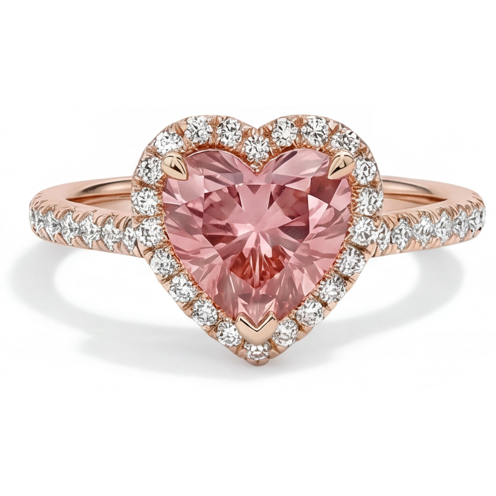 Padparadscha Sapphire Ring 2.3 Carat Real Heart Halo 14K Rose Gold