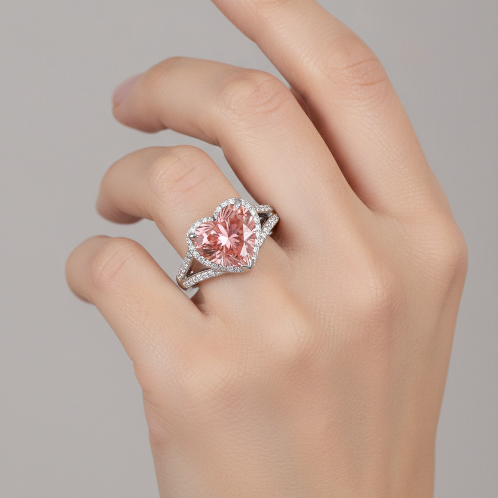 Peach Color Sapphire 2.8 Carat Genuine Heart Padparadscha Halo Ring 14K White Gold
