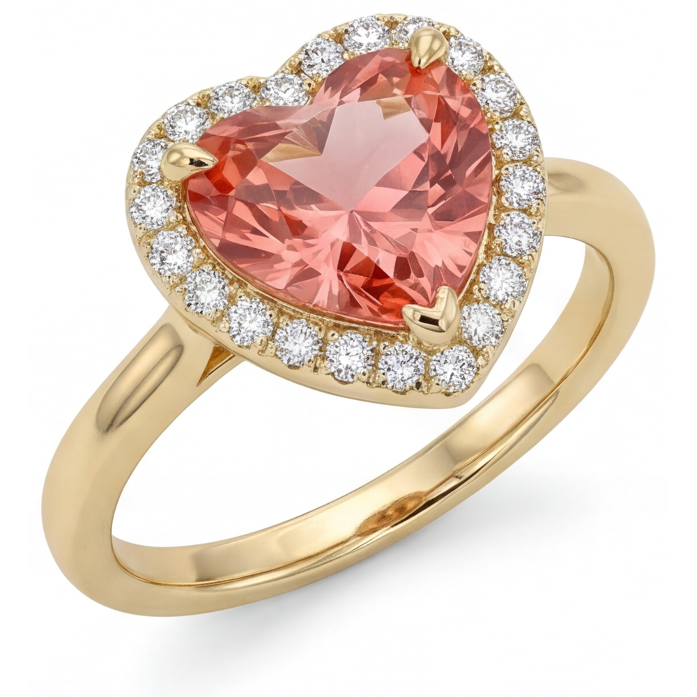 Padparadscha Sapphire Engagement Ring 2.8 Carat Real Heart Halo 14K Yellow Gold