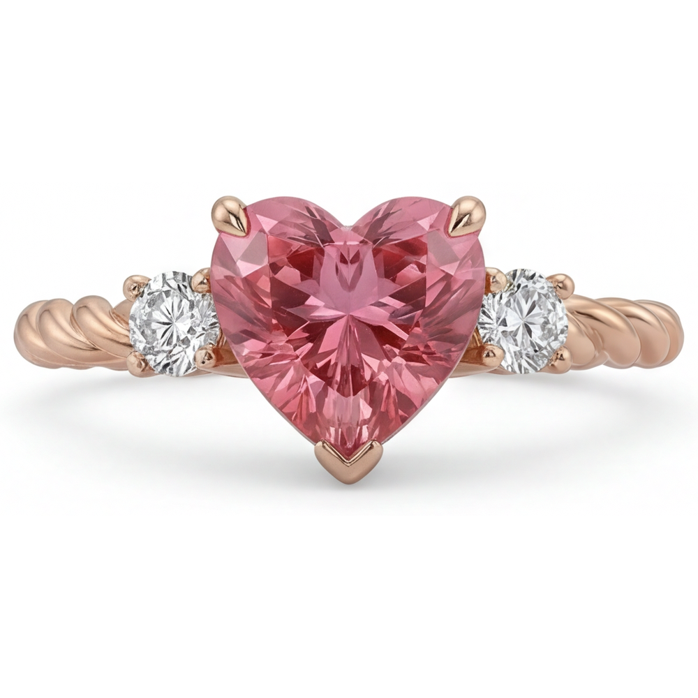 Padparadscha Sapphire Ring 1.9 Carat Genuine Heart Three Stone 14K Rose Gold