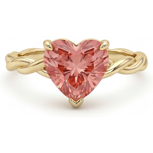 Peach Color Sapphire 1.5 Carat Real Heart Padparadscha Twist Solitaire Ring 14K Yellow Gold