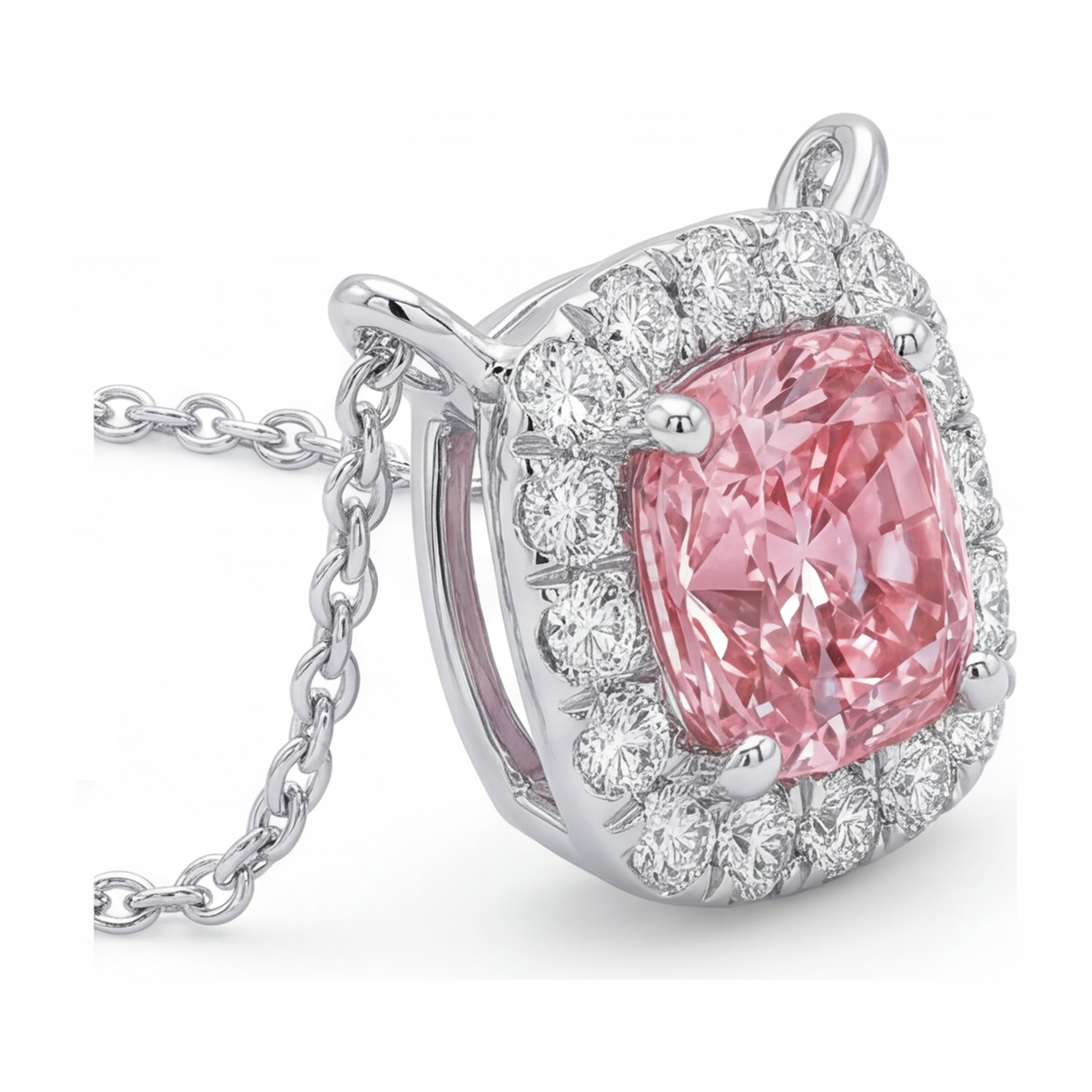 Pink Diamond Necklace 3.75 Carat Lab Grown Cushion Halo Pendant 14K White Gold