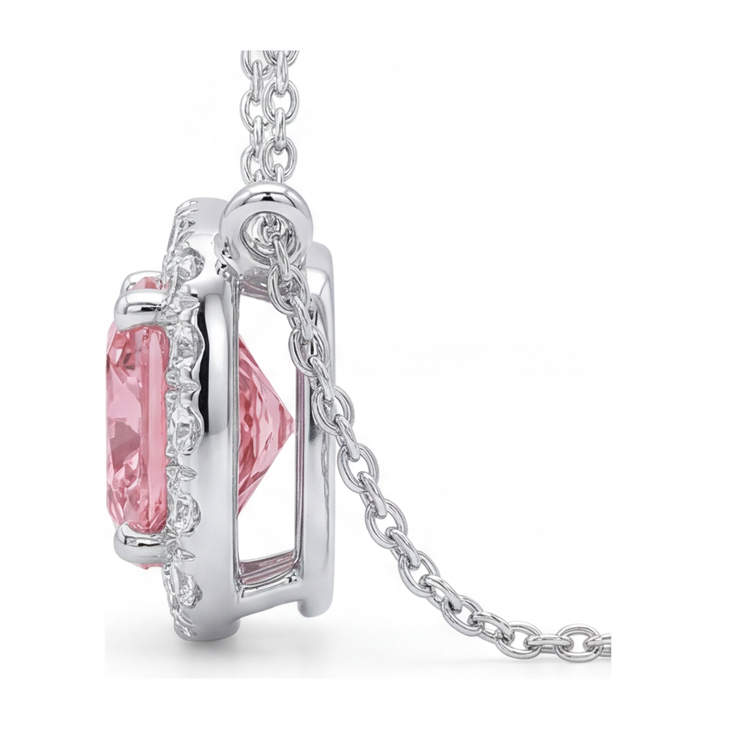Pink Diamond Necklace 3.75 Carat Lab Grown Cushion Halo Pendant 14K White Gold