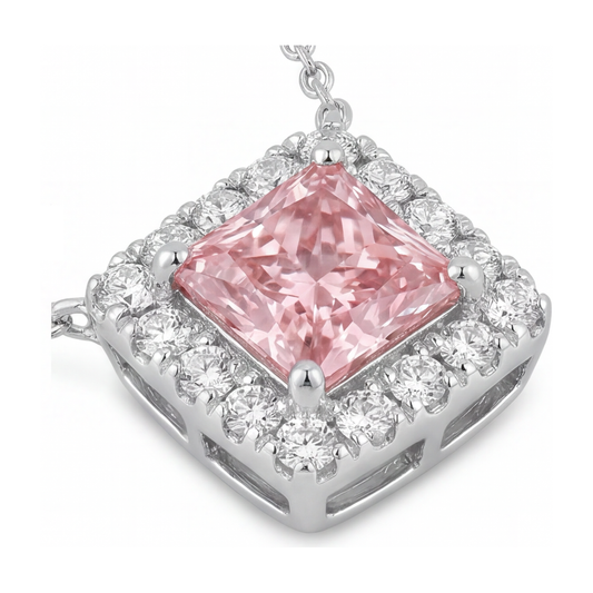 Pink Diamond Necklace 4.5 Carat Lab Grown Radiant Halo Pave Pendant 14K White Gold