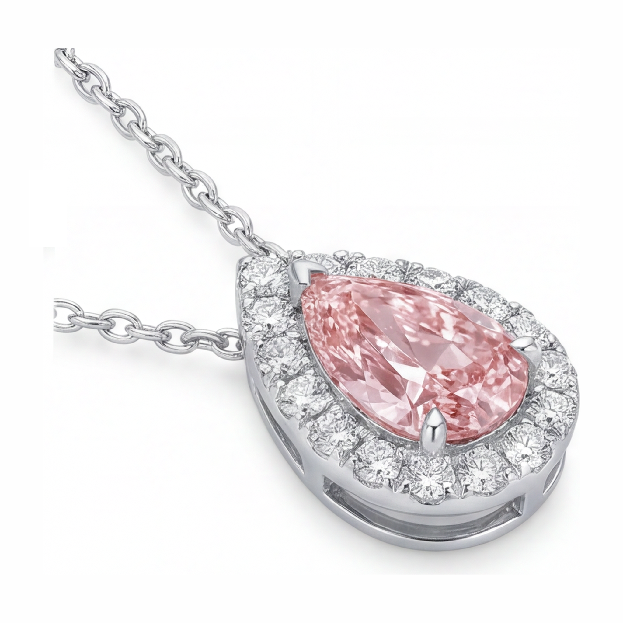 Pink Diamond Necklace 2 Carat Lab Grown Pear Halo Pendant 14K White Gold