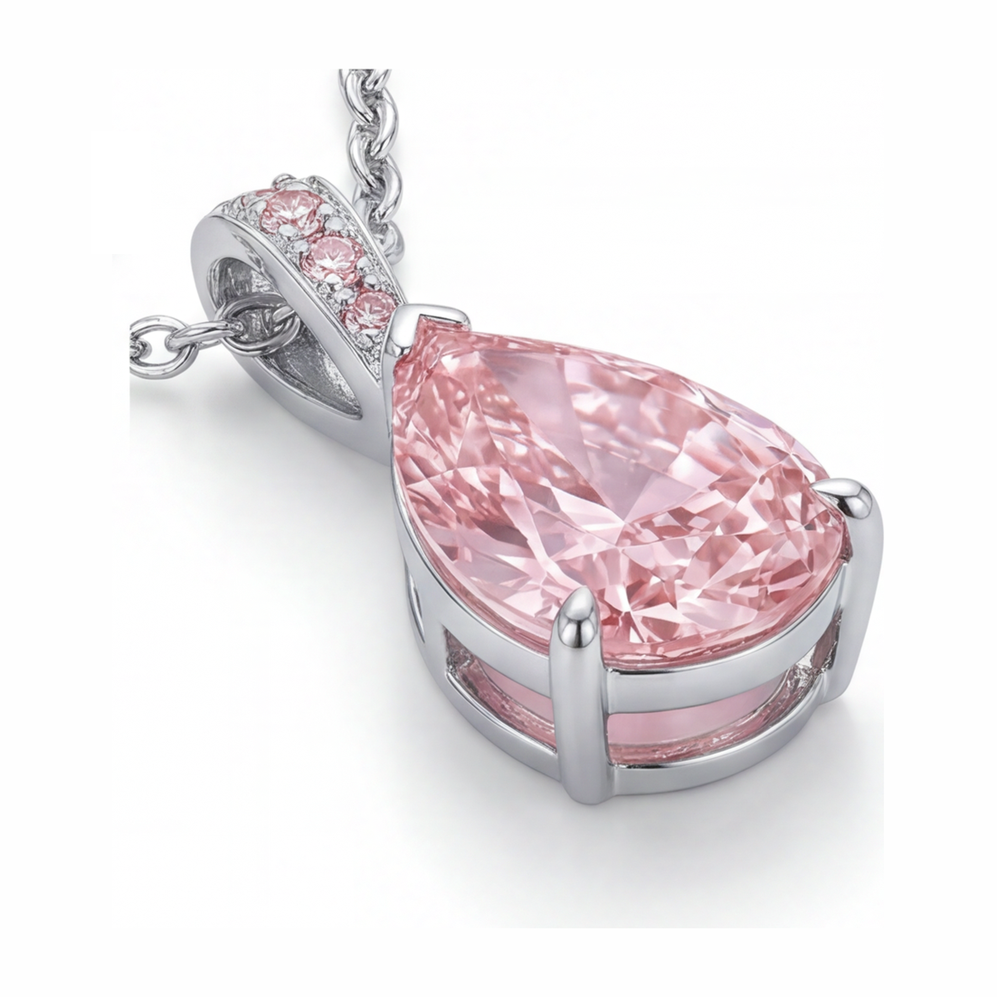 Pink Diamond Pendant Necklace 5 Carat Lab Grown Pear Pave Solitaire 14K White Gold