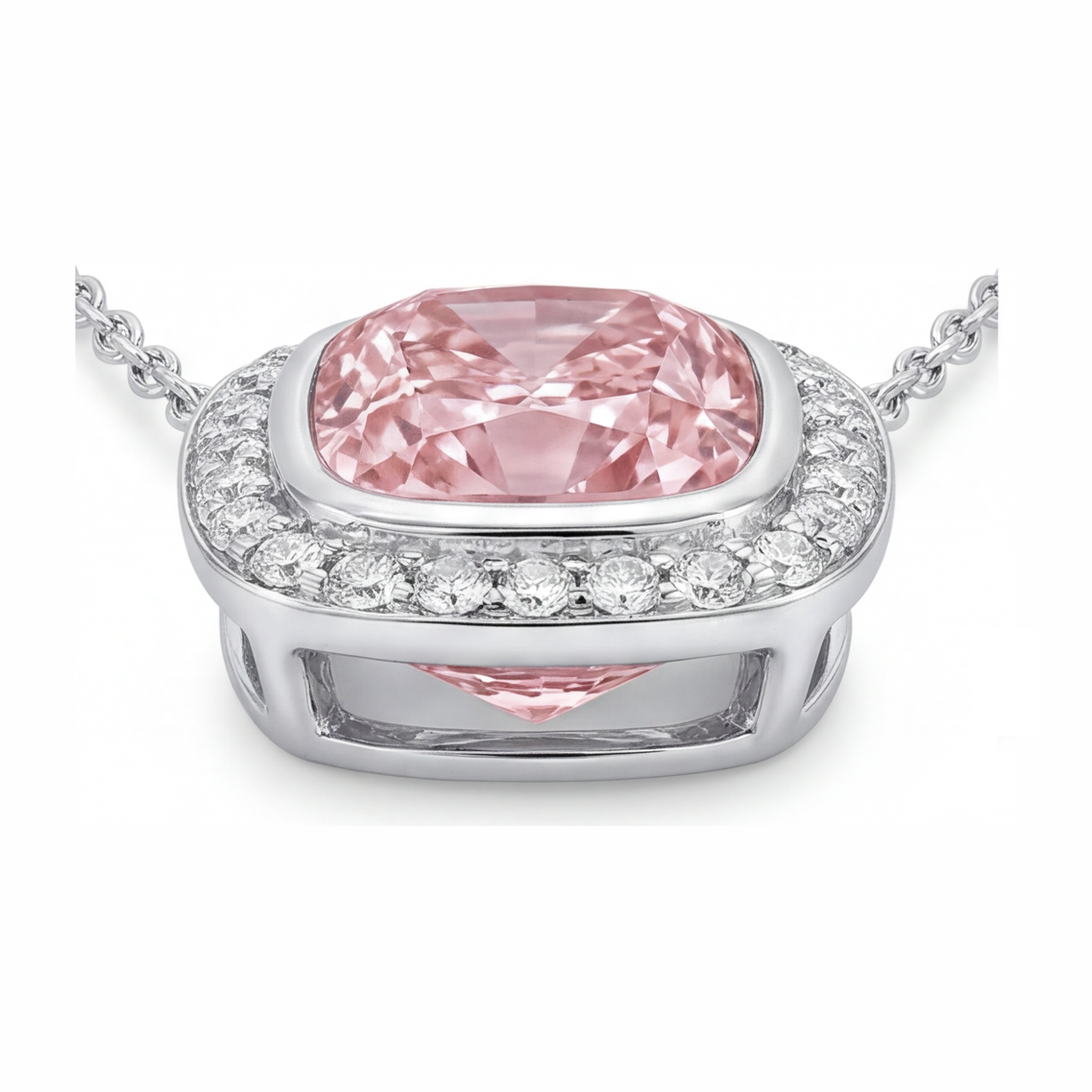 Pink Diamond Necklace 2.25 Carat Lab Grown Cushion Halo Pendant 14K White Gold