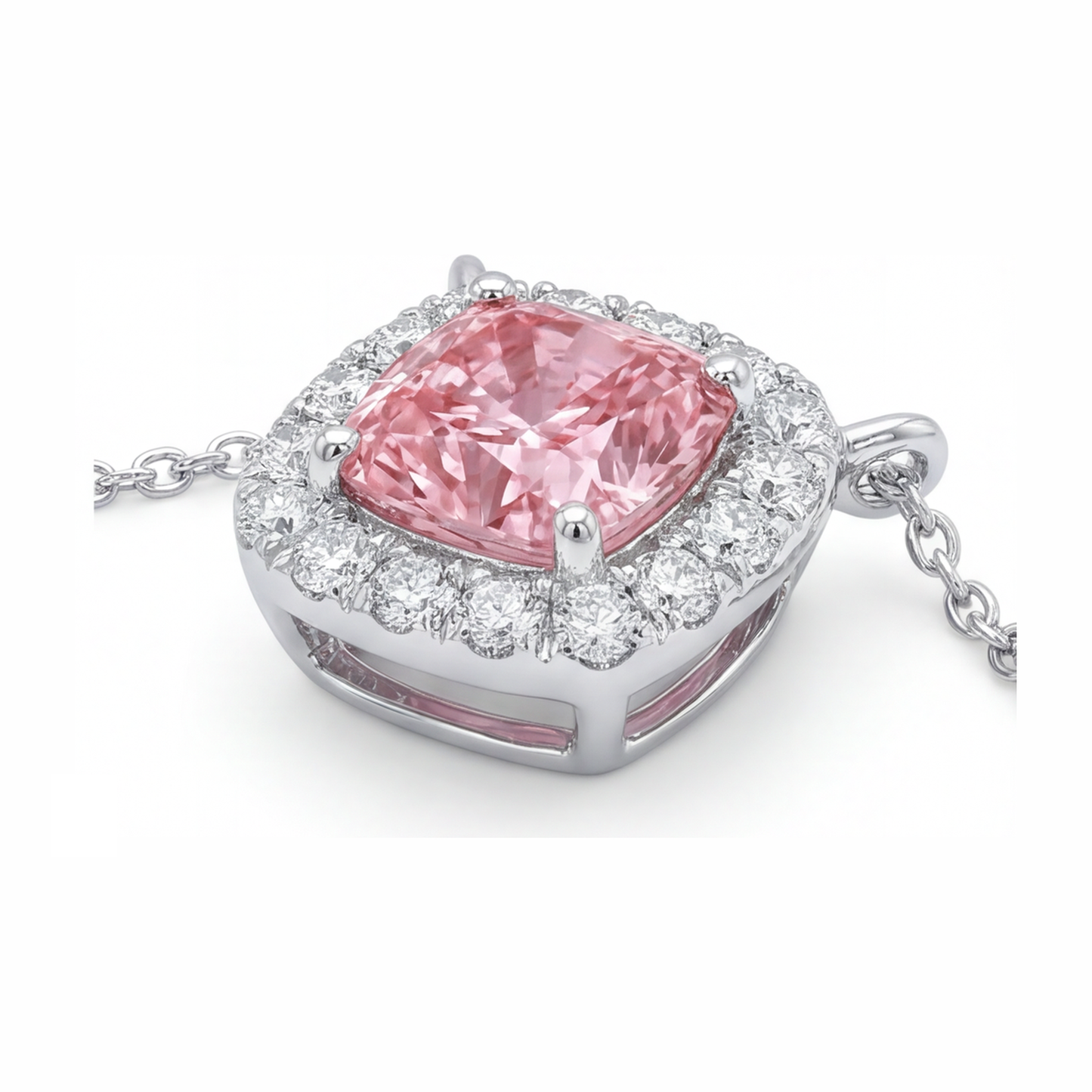 Pink Diamond Necklace 3.75 Carat Lab Grown Cushion Halo Pendant 14K White Gold