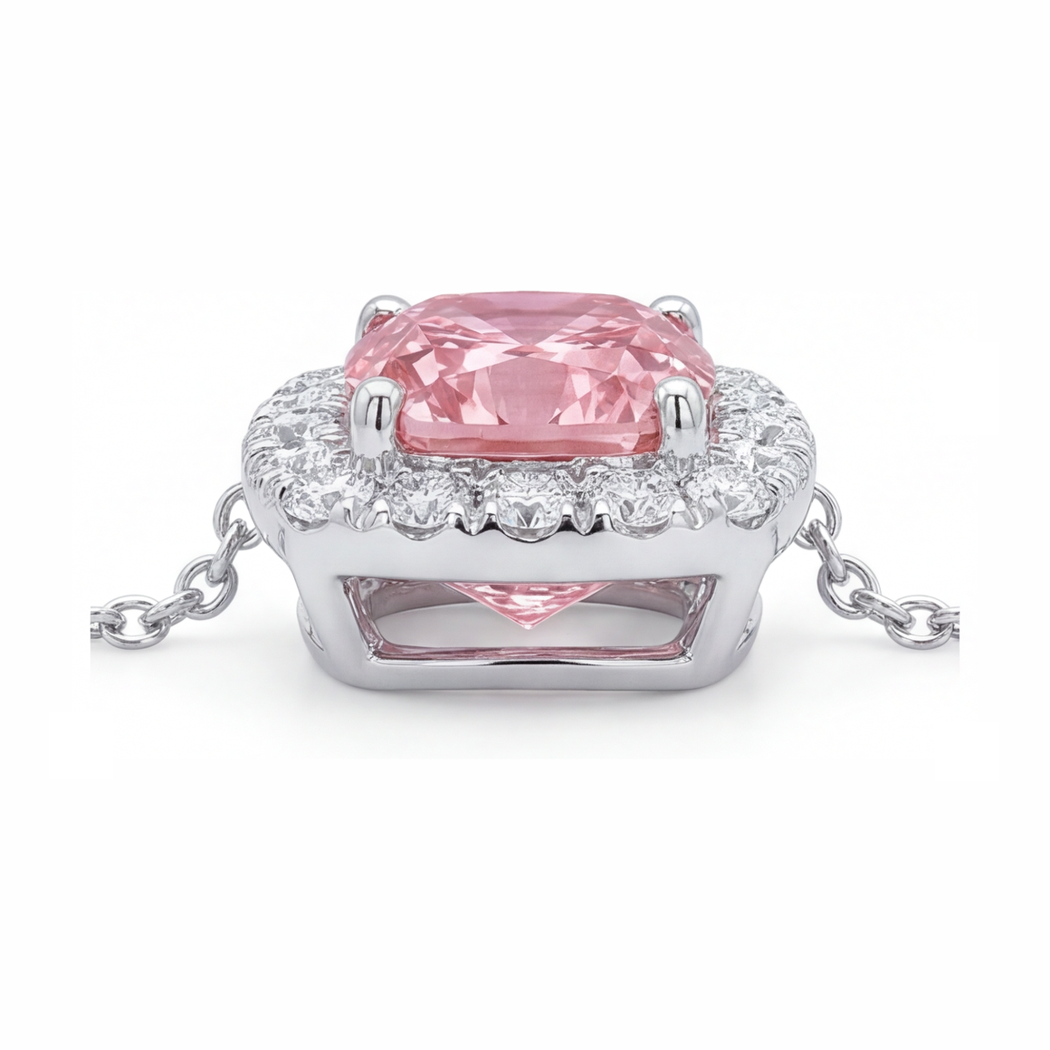 Pink Diamond Necklace 3.75 Carat Lab Grown Cushion Halo Pendant 14K White Gold