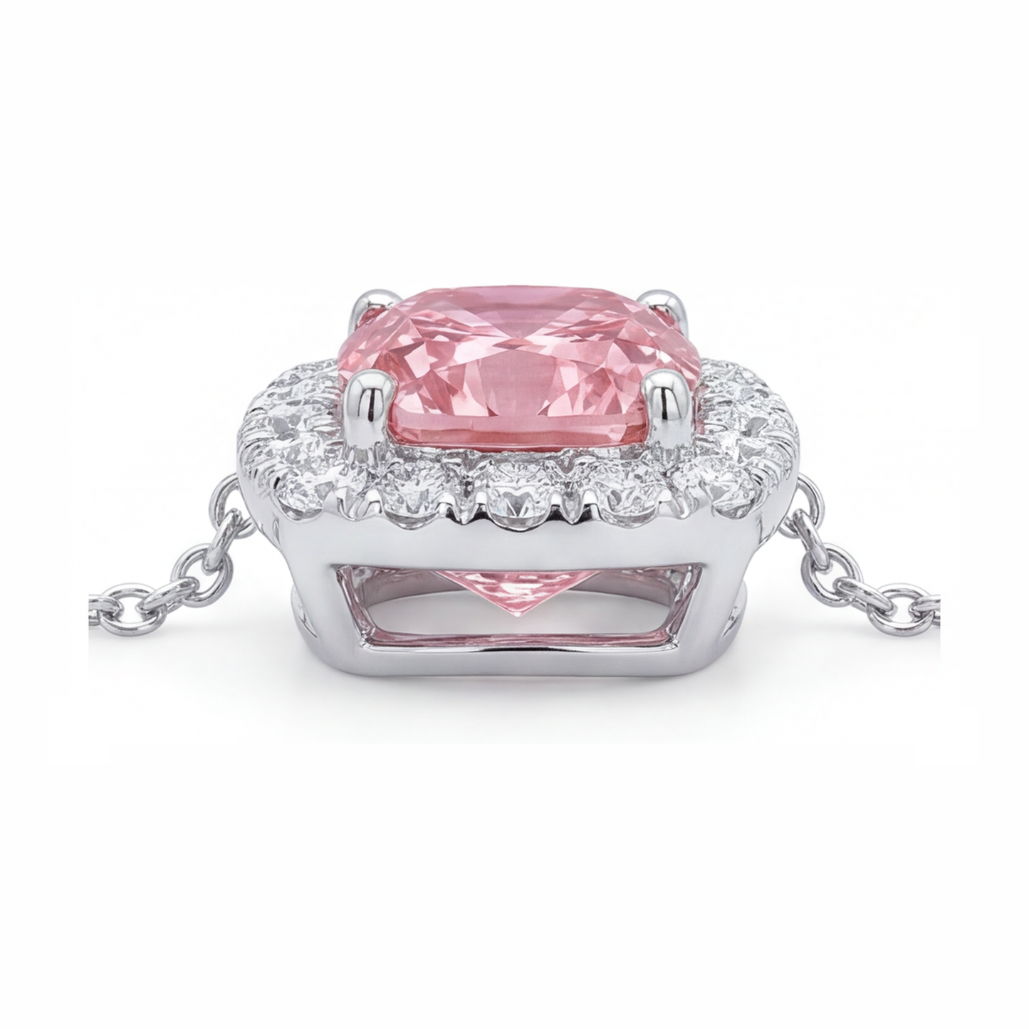 Pink Diamond Necklace 3.75 Carat Lab Grown Cushion Halo Pendant 14K White Gold
