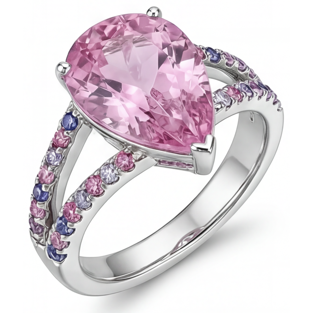 Pear Shape Kunzite ring in 14 Karat White Gold – angle view