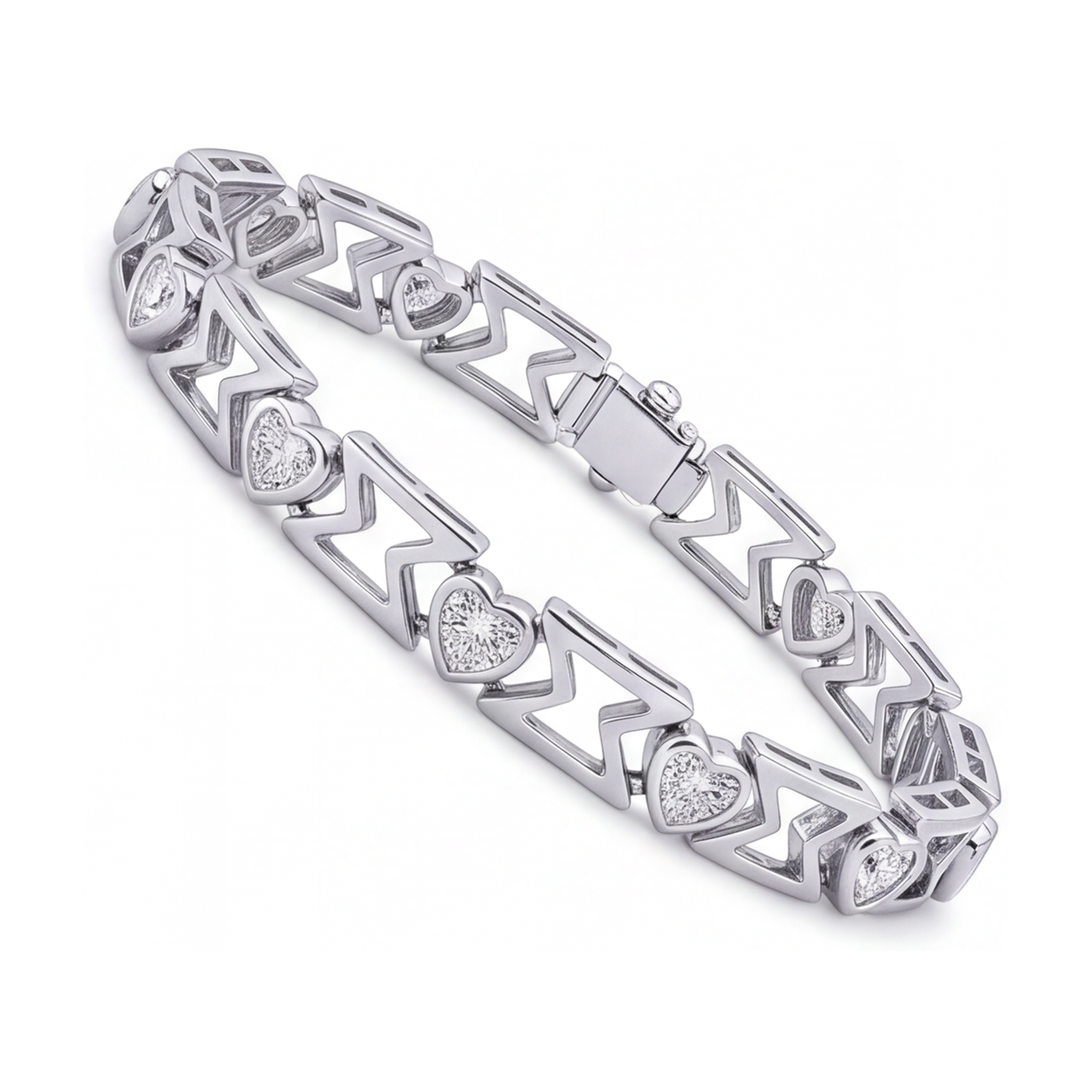 Lab Grown Diamond Bracelet 5 Carat Heart Chevron Link 14K White Gold 7 Inch