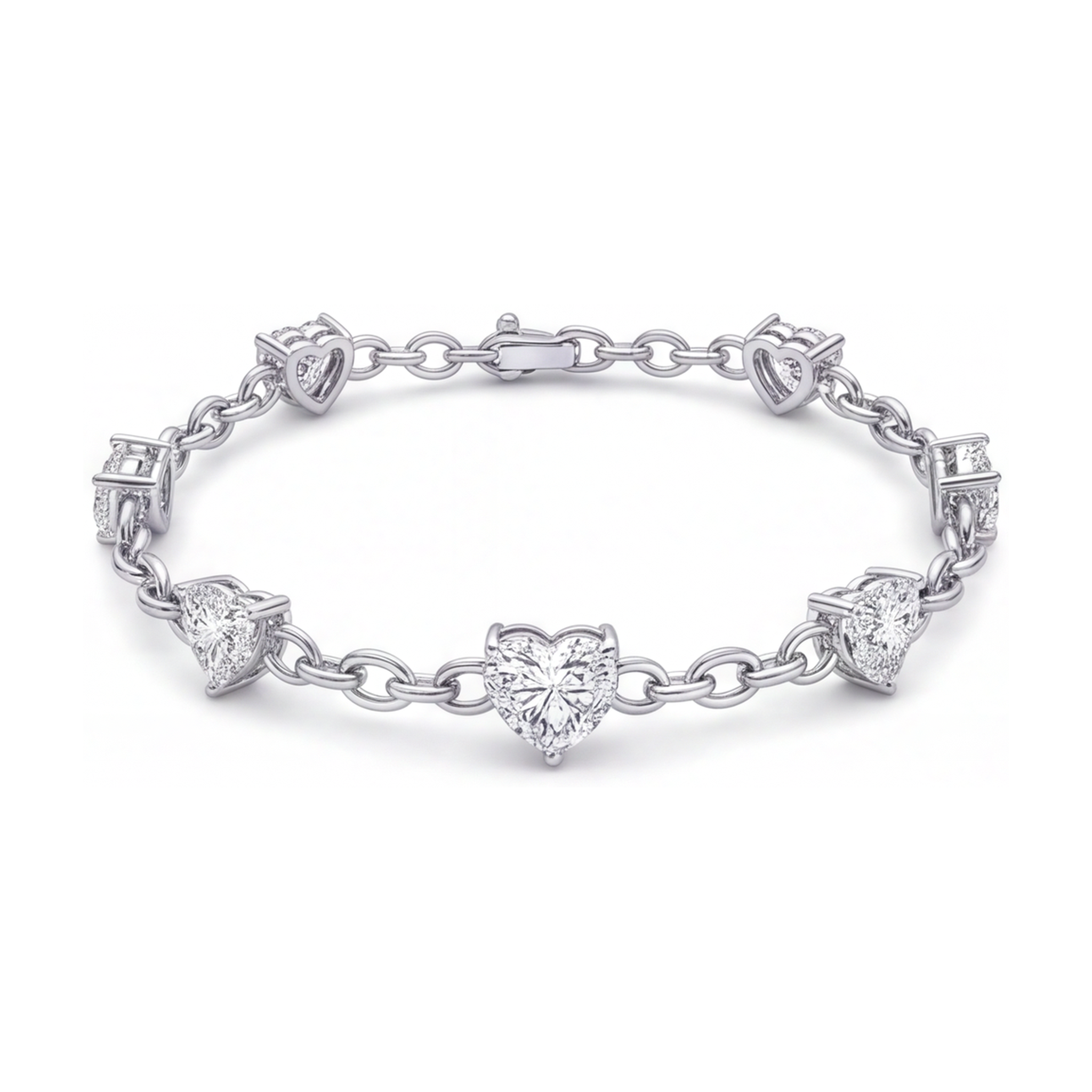 Lab Grown Diamond Heart Bracelet 3 Carat Station 14K White Gold 7 Inch