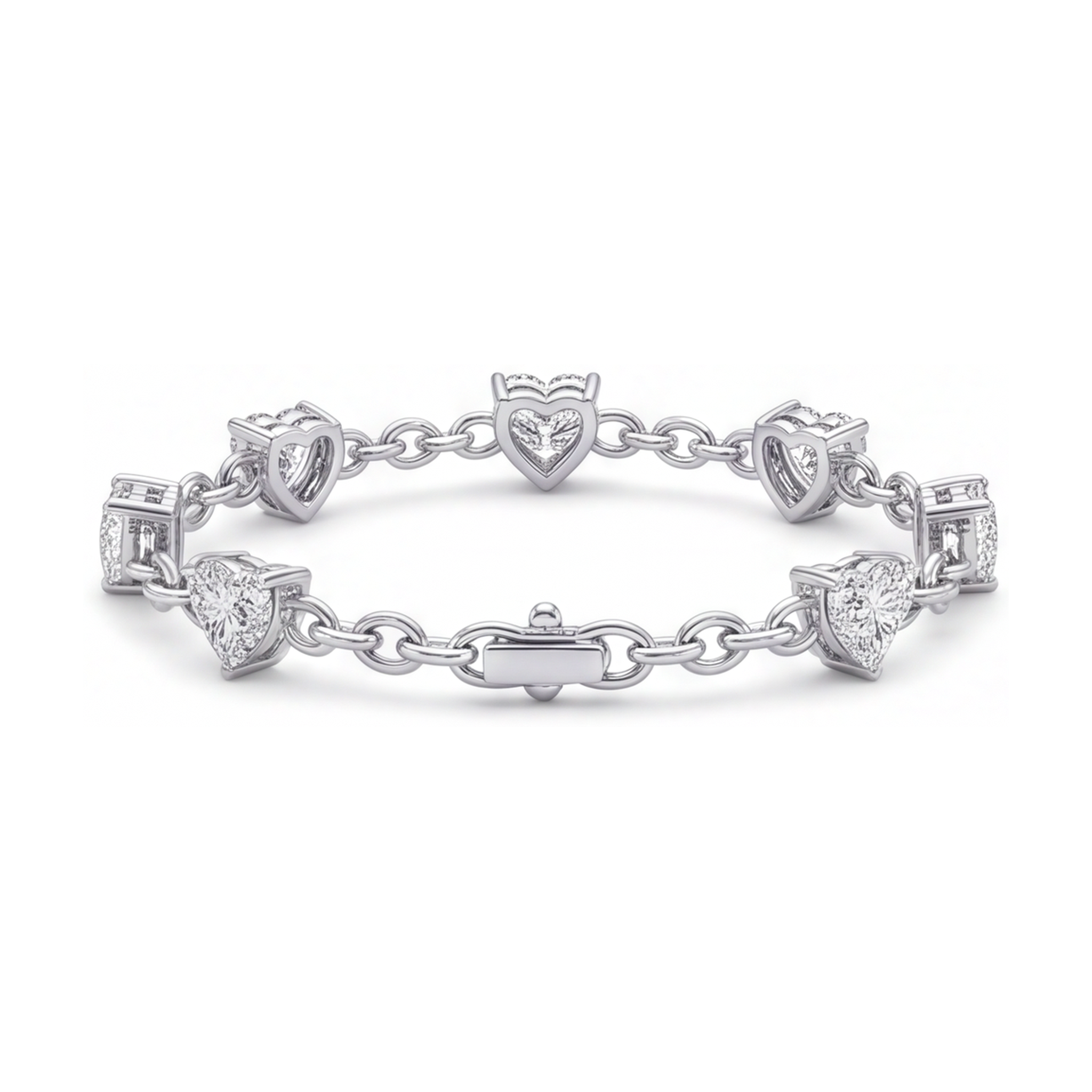 Lab Grown Diamond Heart Bracelet 3 Carat Station 14K White Gold 7 Inch